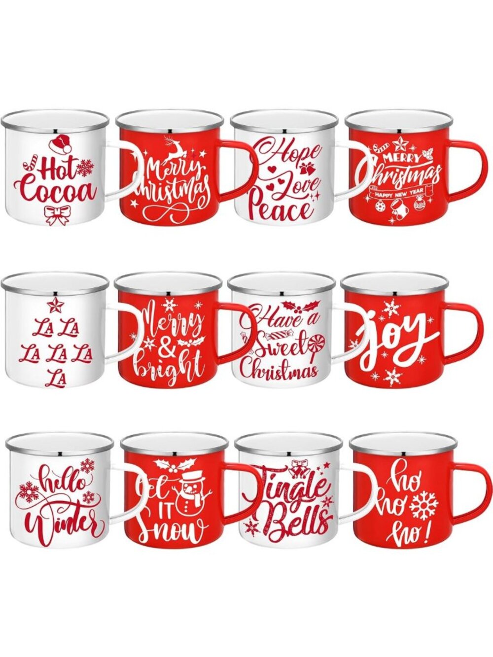 12 Pcs Holiday Enamel Coffee Mugs Set - Funny Quotes, 12 oz Xmas Gifts for Women